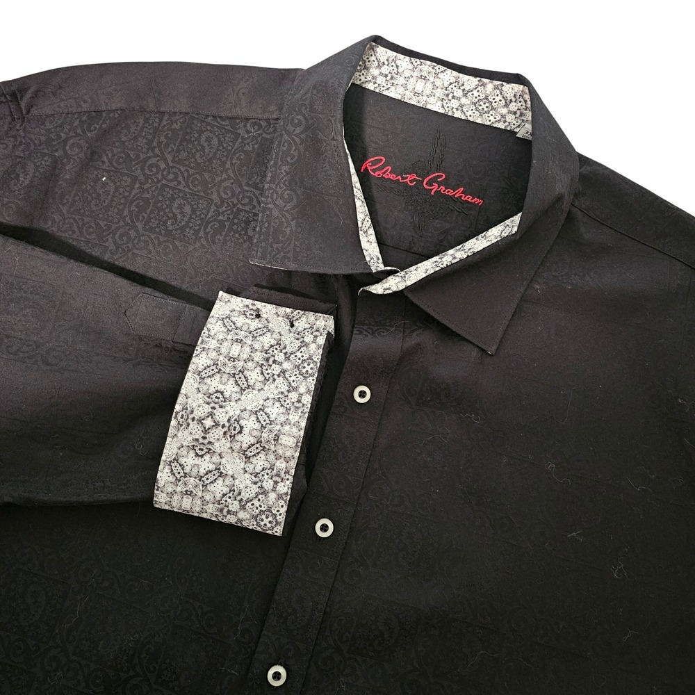 Robert Graham 3XL Button Down Shirt Flip Cuff Black Paisley Jacquard Damask